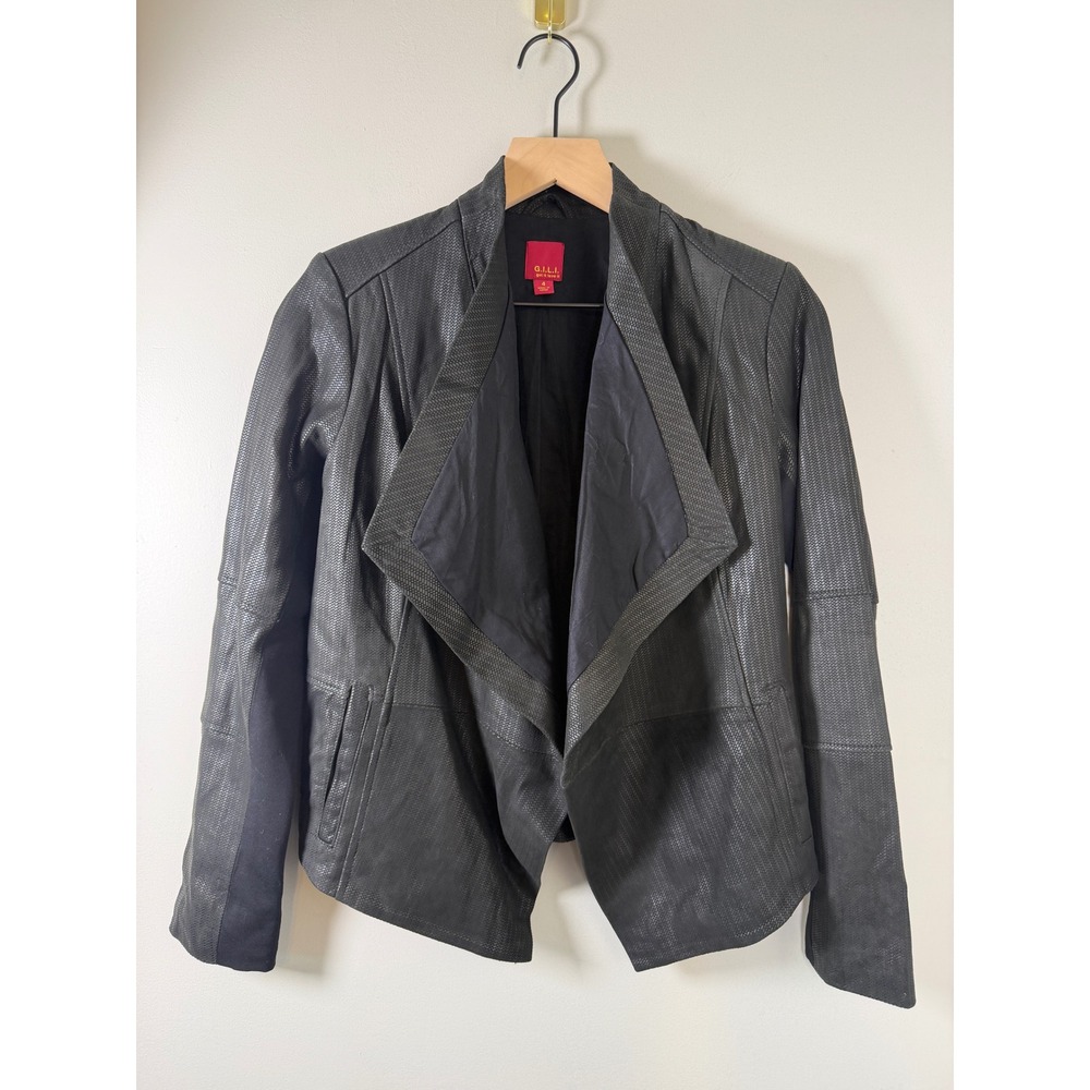G.I.L.I. Open Front Tonal Textured Black Soft Leather Draped Jacket Womens Sz 4